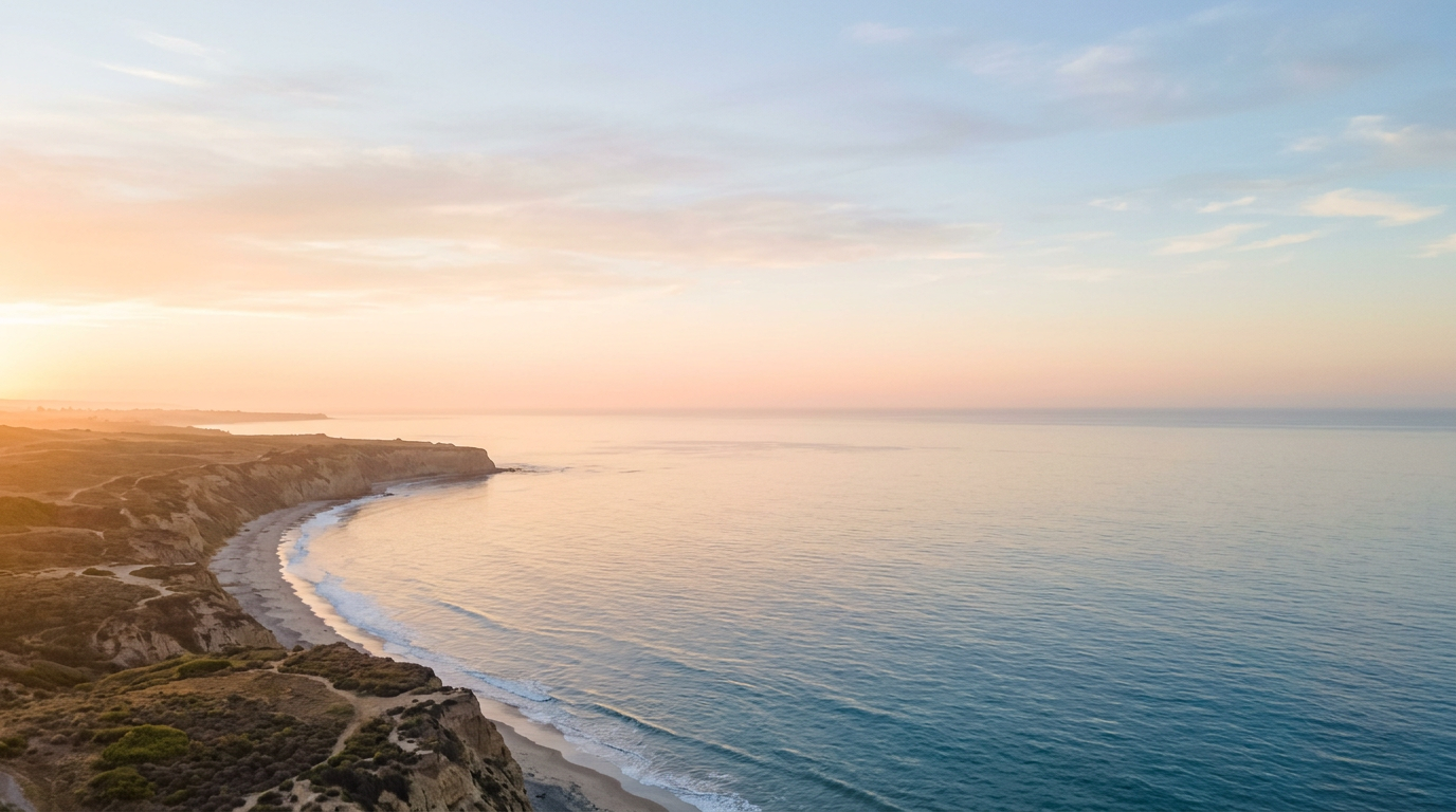 Aerial view of the Southern California coastline at sunrise